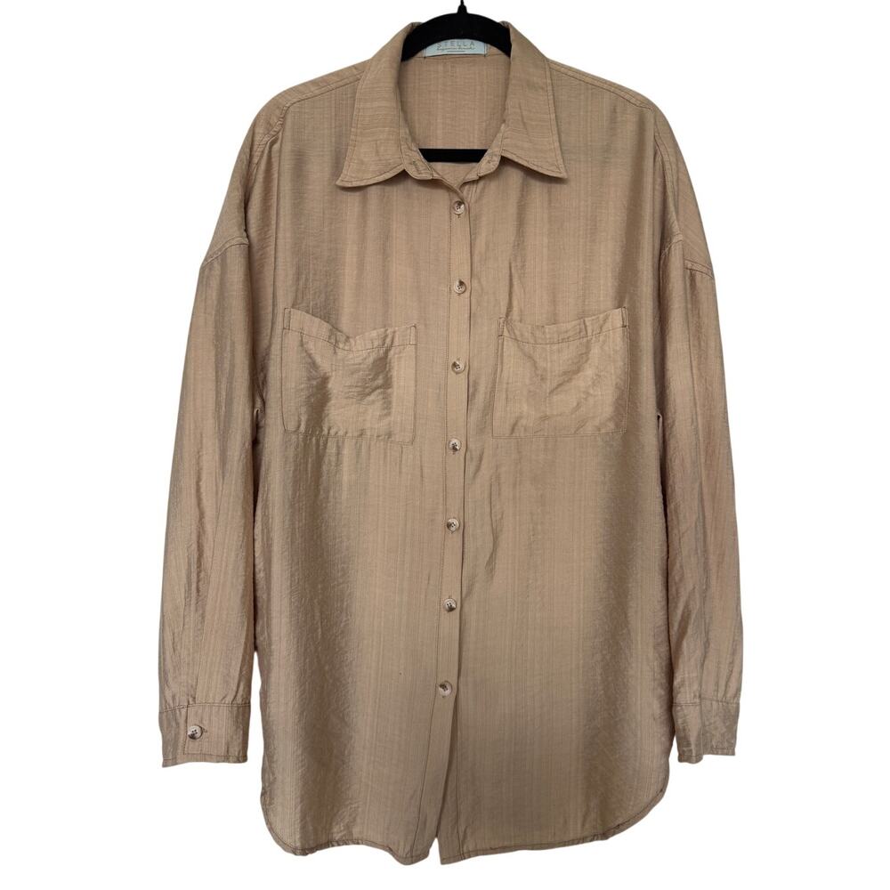 Stella Laguna Beach Womens L Tan Textured Rayon Nylon Button Down Pocket Shirt